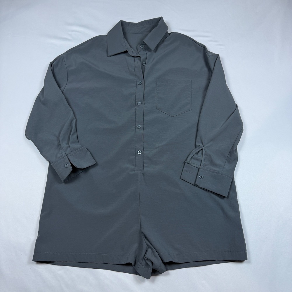 SHEIN Button Front Romper Women S Grey Long Sleeve Utility Shirt Style Pocket
